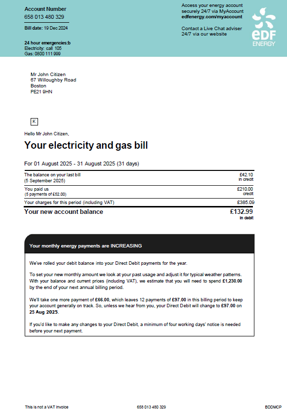 France EDF utility bill template in Word and PDF formats, version 2